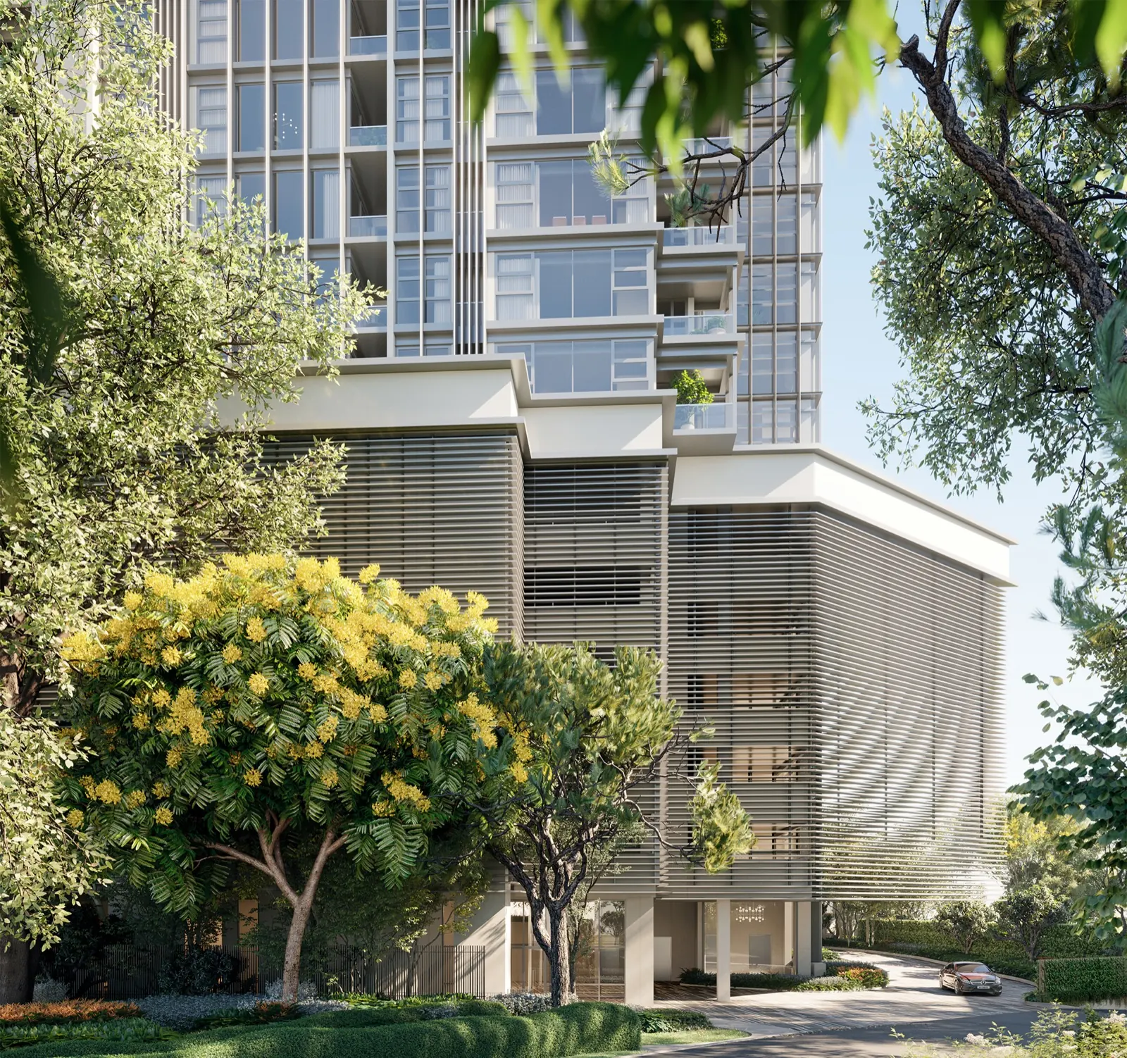 BRDB rendering of the 111 Menerung building entrance framed by trees