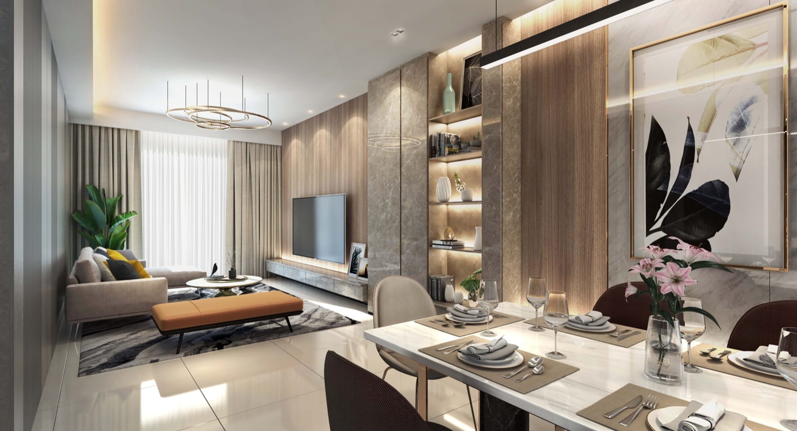 Rendering of a furnished living and dining room at Bangsar Hill Park
